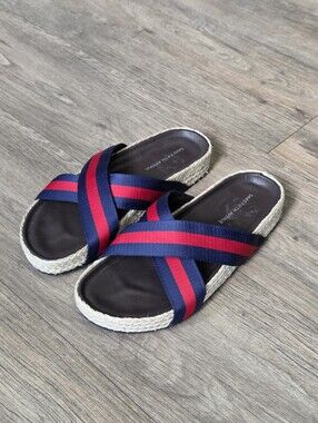 SAKS FIFTH AVENUE Navy & Red Crisscross Espadrille Slides